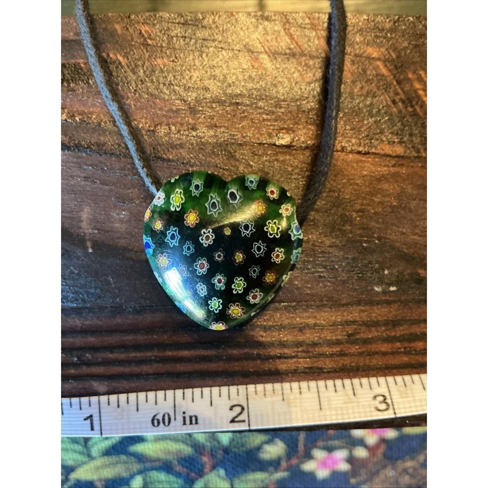 Murano Glass Millefiori 1" Green Heart Pendant w/ Black Cord